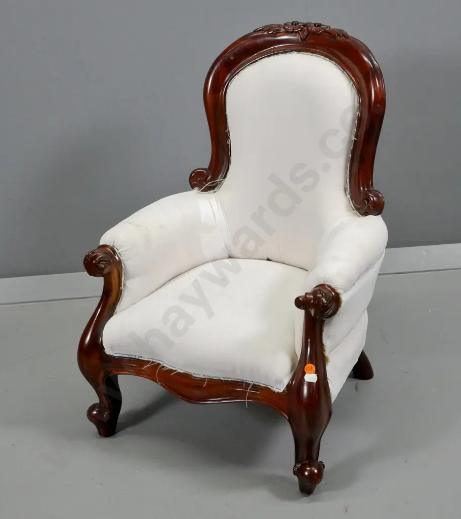 mahogany framed miniature Victorian style gent's chair w/ carved detail, white calico fabric H550 W400 D400 Image 1++