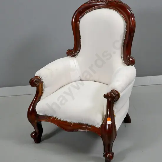 mahogany framed miniature Victorian style gent's chair w/ carved detail, white calico fabric H550 W400 D400