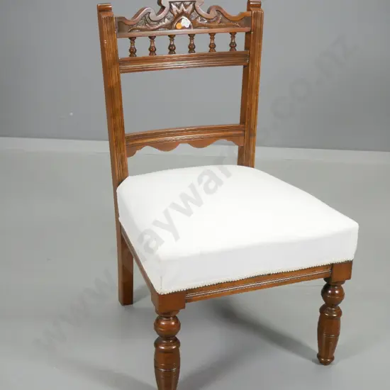 Edwardian mahogany carved frame nursing chair, white cotton seat could do with cleaning H760 W480 D460