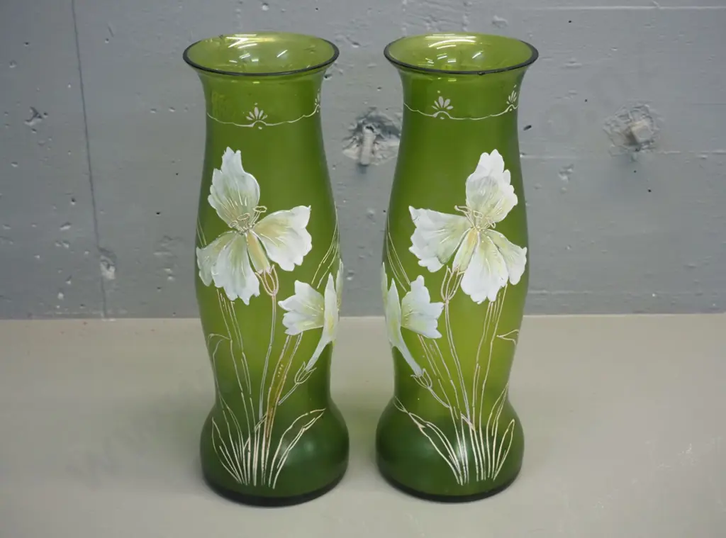pair of large hand-painted green glass vases with raised floral design - chips to rim of both H-340 Image 1++