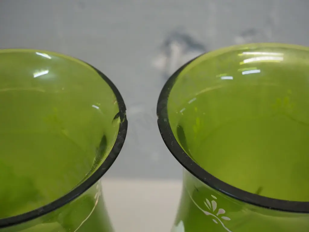 pair of large hand-painted green glass vases with raised floral design - chips to rim of both H-340 Image 1++