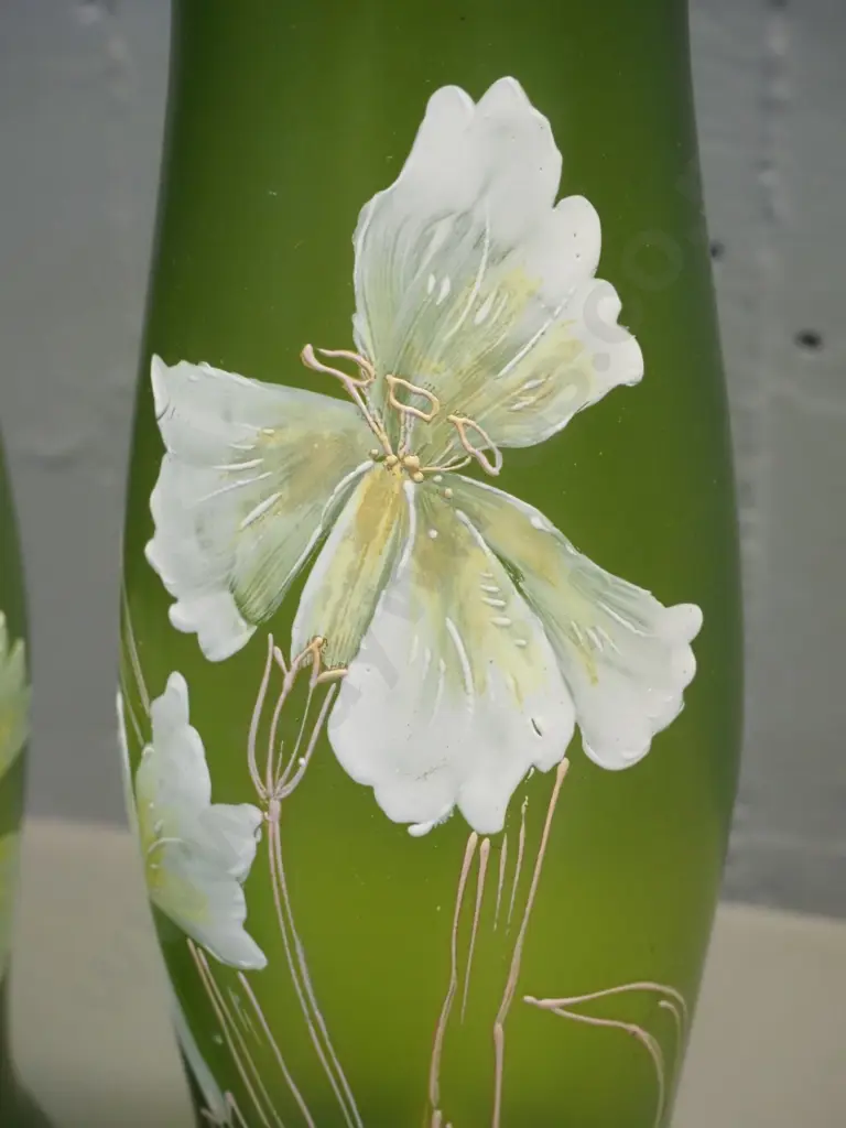 pair of large hand-painted green glass vases with raised floral design - chips to rim of both H-340 Image 1++