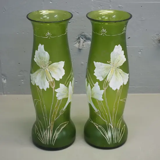 pair of large hand-painted green glass vases with raised floral design - chips to rim of both H-340