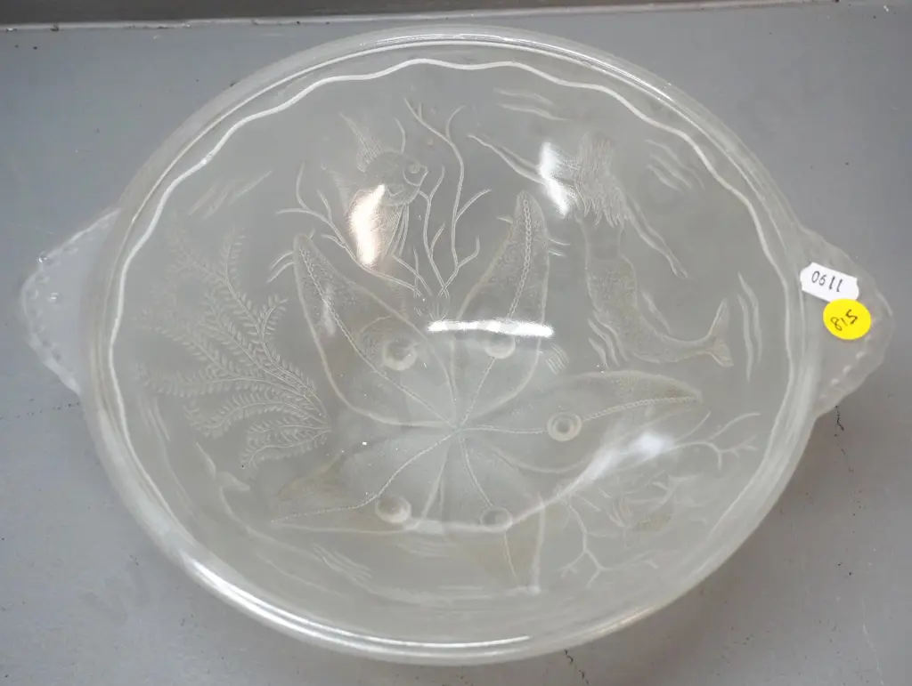 moulded frosted glass bowl w/mermaid and fish relief pattern H-85 W-260 Image 1++
