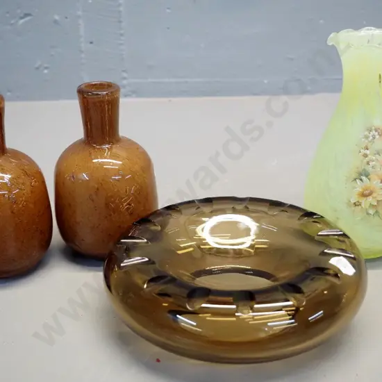 4 pieces art glass - Hokitika swirled light green vase H170, amber ashtray signed Mona Newson? and 2 other vases