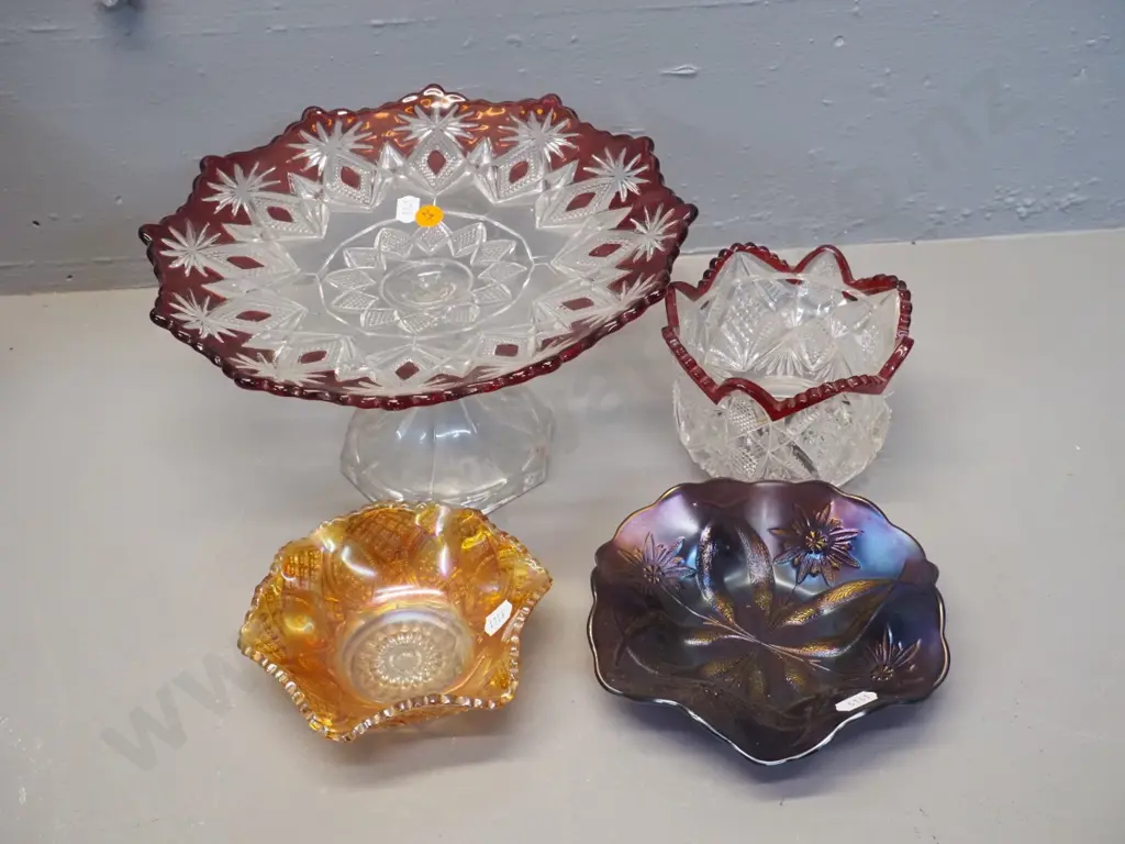 vintage moulded glass: ruby decorated clear comport bowl H145 D255 & bowl, purple & marigold carnival glass dishes Image 1++