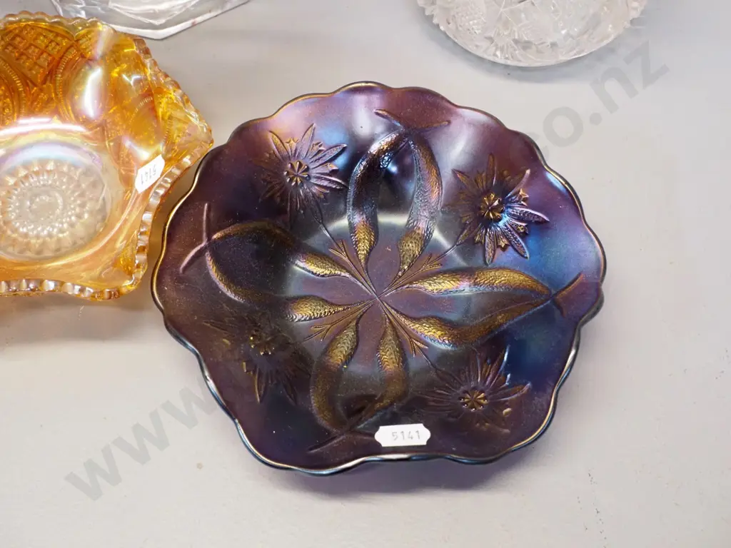 vintage moulded glass: ruby decorated clear comport bowl H145 D255 & bowl, purple & marigold carnival glass dishes Image 1++