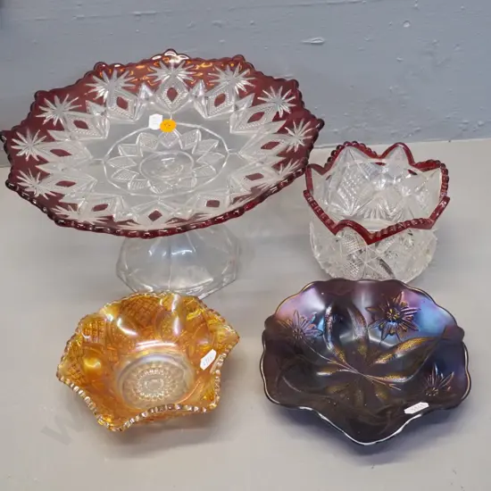 vintage moulded glass: ruby decorated clear comport bowl H145 D255 & bowl, purple & marigold carnival glass dishes