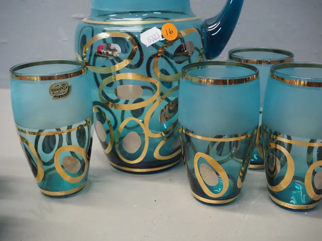 retro teal Bohemian glass water set with with gold motifs - jug H-290 Image 1++