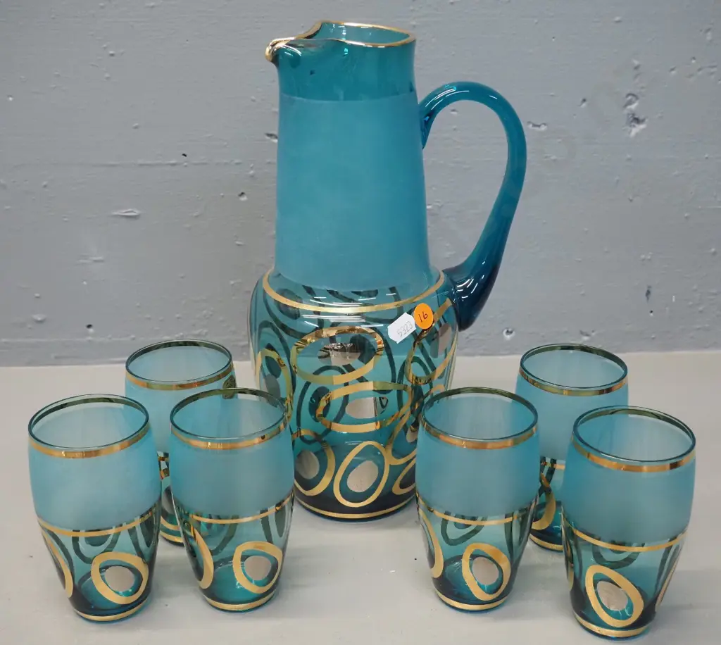 retro teal Bohemian glass water set with with gold motifs - jug H-290 Image 1++