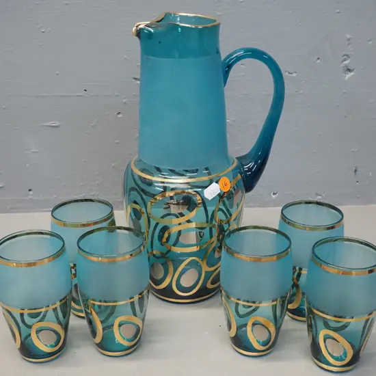 retro teal Bohemian glass water set with with gold motifs - jug H-290