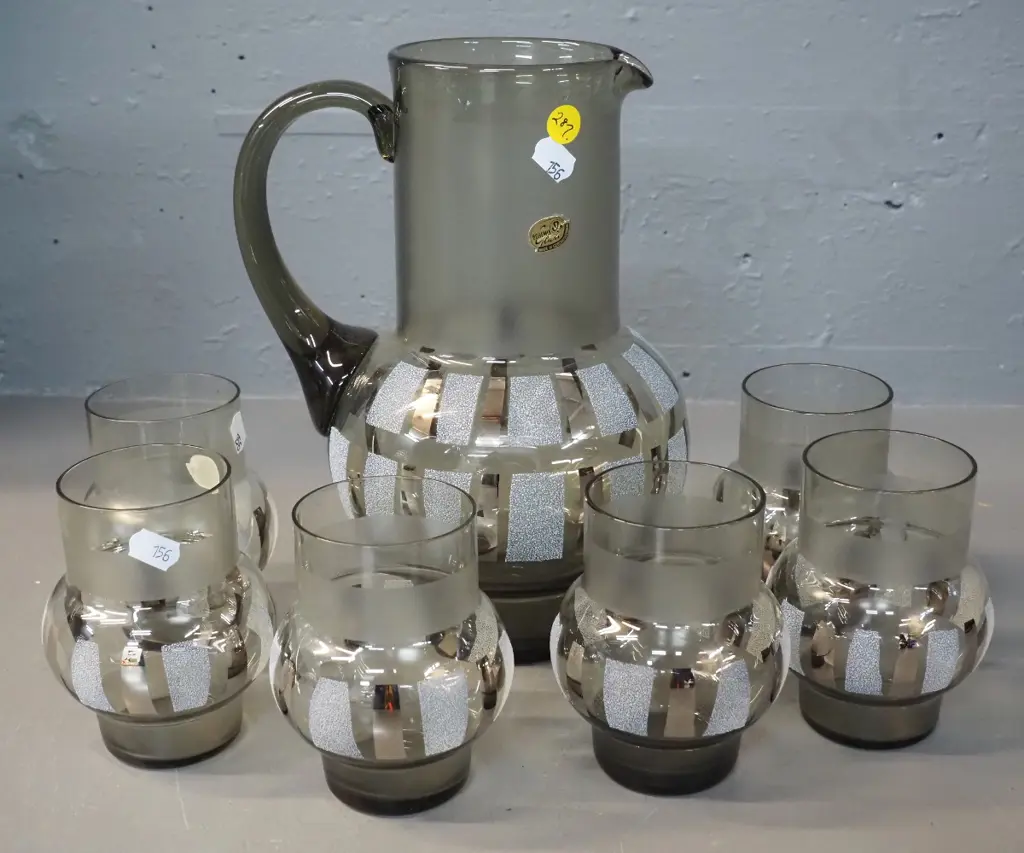 retro Bohemian glass 7-piece water set - smoked glass with frosted panels - jug H-245 Image 1++
