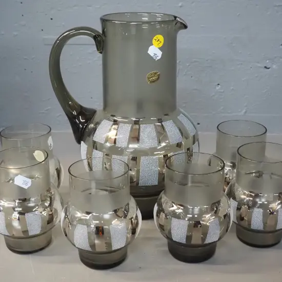 retro Bohemian glass 7-piece water set - smoked glass with frosted panels - jug H-245