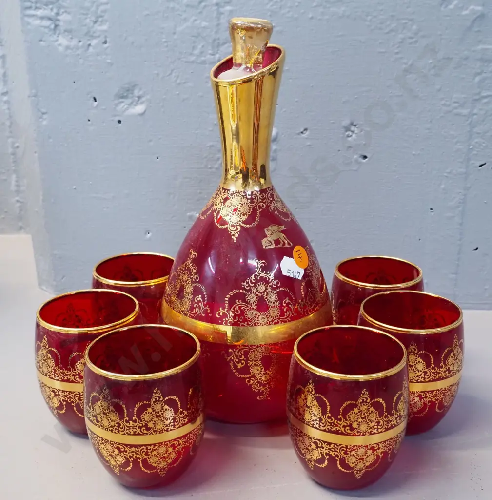 Bohemian gilt decorated ruby glass spirit set - decanter H255 & 6 glasses Image 1++