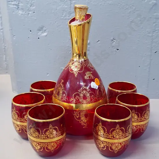 Bohemian gilt decorated ruby glass spirit set - decanter H255 & 6 glasses