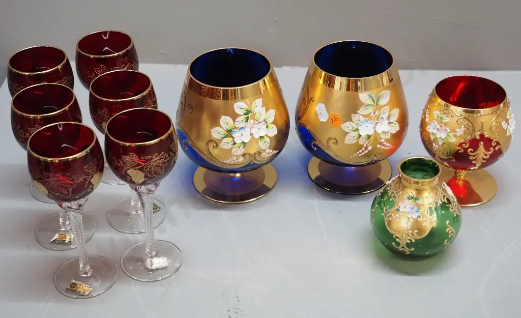 assorted coloured glassware - Venetian vase and goblets & 6 Bohemian red with gold motif clear twisted stem glasses Image 1++
