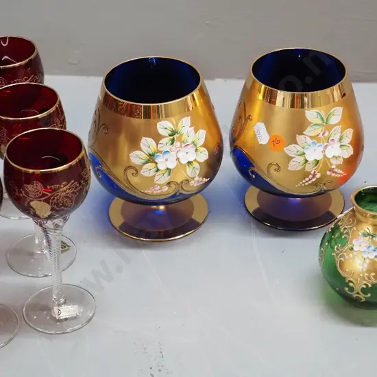 assorted coloured glassware - Venetian vase and goblets & 6 Bohemian red with gold motif clear twisted stem glasses