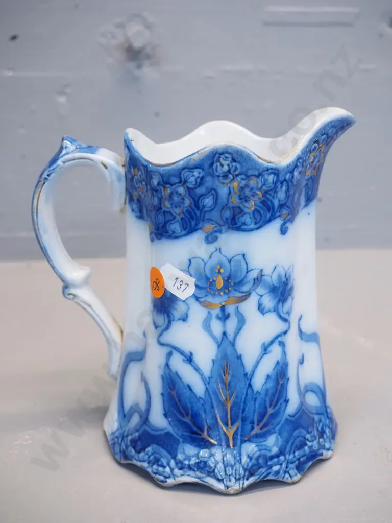 Victorian English flow blue patterned jug, no maker's marks H-160 W-160 Image 1++