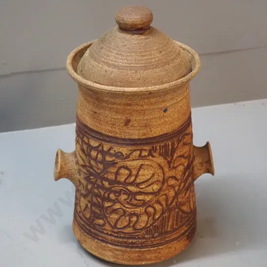 studio pottery lidded storage jar with small round handles, no maker's mark H-300 W-200