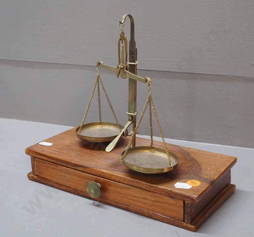 reproduction wood cased gold scales with brass weights in drawer H200 W235 D110 Image 1++
