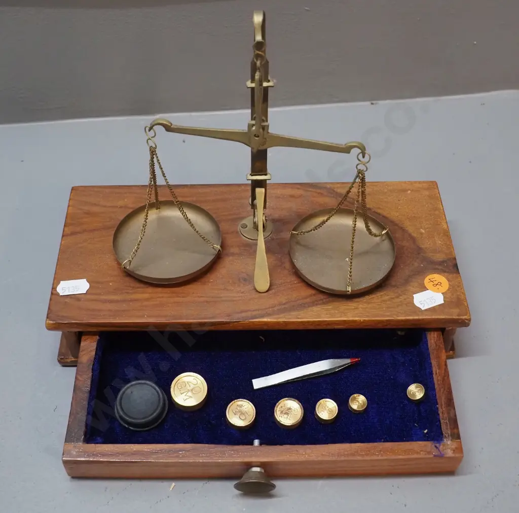 reproduction wood cased gold scales with brass weights in drawer H200 W235 D110 Image 1++