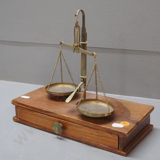 reproduction wood cased gold scales with brass weights in drawer H200 W235 D110
