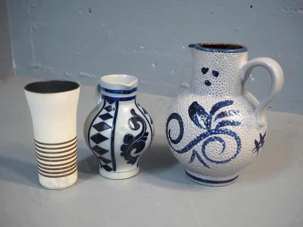 3 pieces German pottery - 2 jugs and vase, largest H-220, smaller has Goebel marks Image 1++
