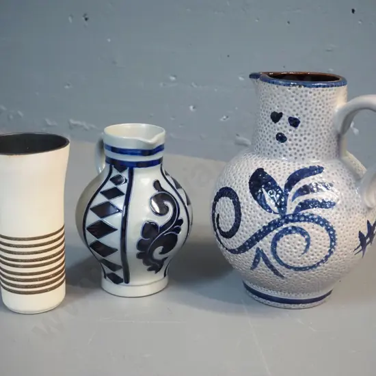 3 pieces German pottery - 2 jugs and vase, largest H-220, smaller has Goebel marks