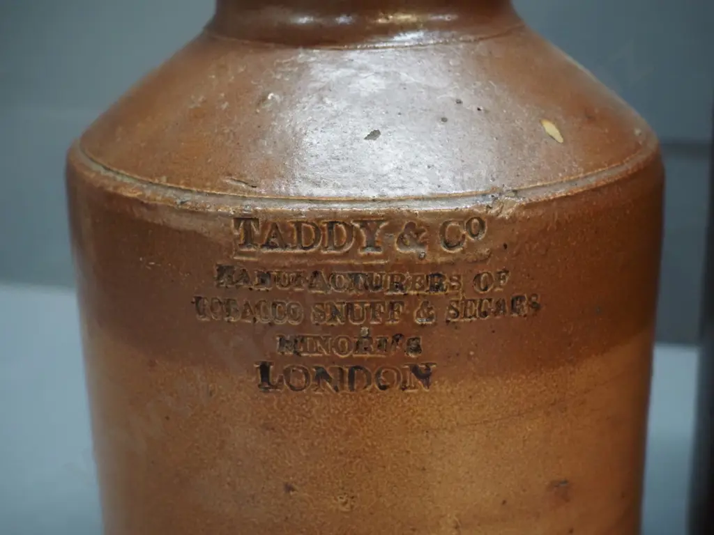 3 stoneware items - Luke Adams w/wooden lid H310, Taddy & Co London w/cork stopper, Bendigo Australia lidded casserole Image 1++