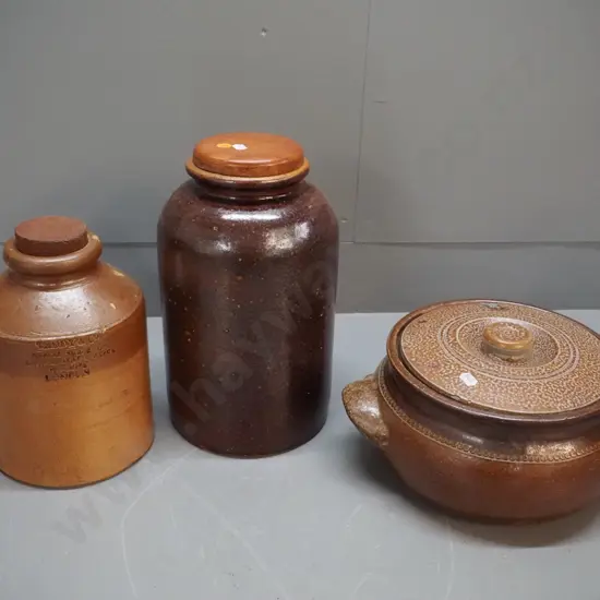 3 stoneware items - Luke Adams w/wooden lid H310, Taddy & Co London w/cork stopper, Bendigo Australia lidded casserole