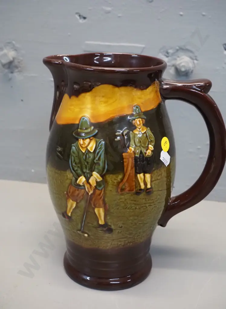 Royal Doulton vintage golf players relief pattern pottery jug and 4 tankards or mugs - jug H-230 W-280 Image 1++