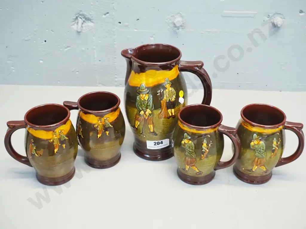 Royal Doulton vintage golf players relief pattern pottery jug and 4 tankards or mugs - jug H-230 W-280 Image 1++
