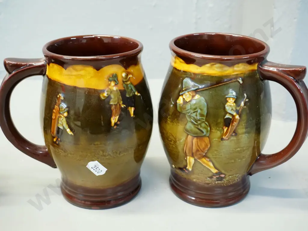 Royal Doulton vintage golf players relief pattern pottery jug and 4 tankards or mugs - jug H-230 W-280 Image 1++