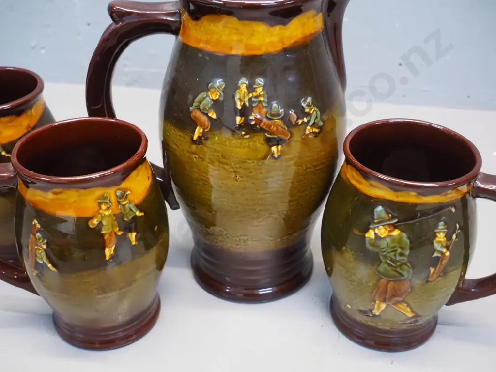 Royal Doulton vintage golf players relief pattern pottery jug and 4 tankards or mugs - jug H-230 W-280 Image 1++