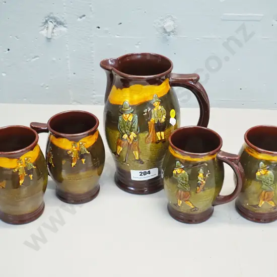 Royal Doulton vintage golf players relief pattern pottery jug and 4 tankards or mugs - jug H-230 W-280