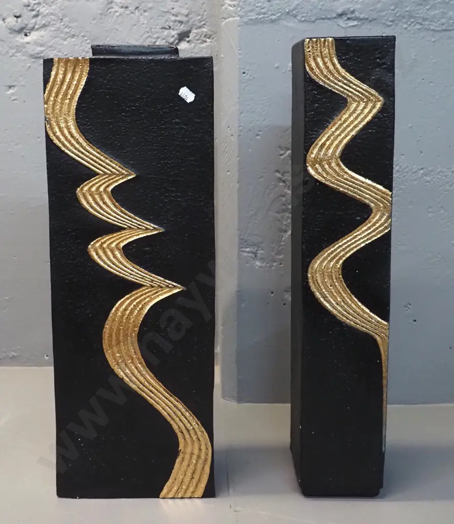 2 Danny Moorwood studio pottery slab vases - black with gold patterns - slightly taller one is H-520 Image 1++