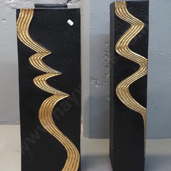 2 Danny Moorwood studio pottery slab vases - black with gold patterns - slightly taller one is H-520