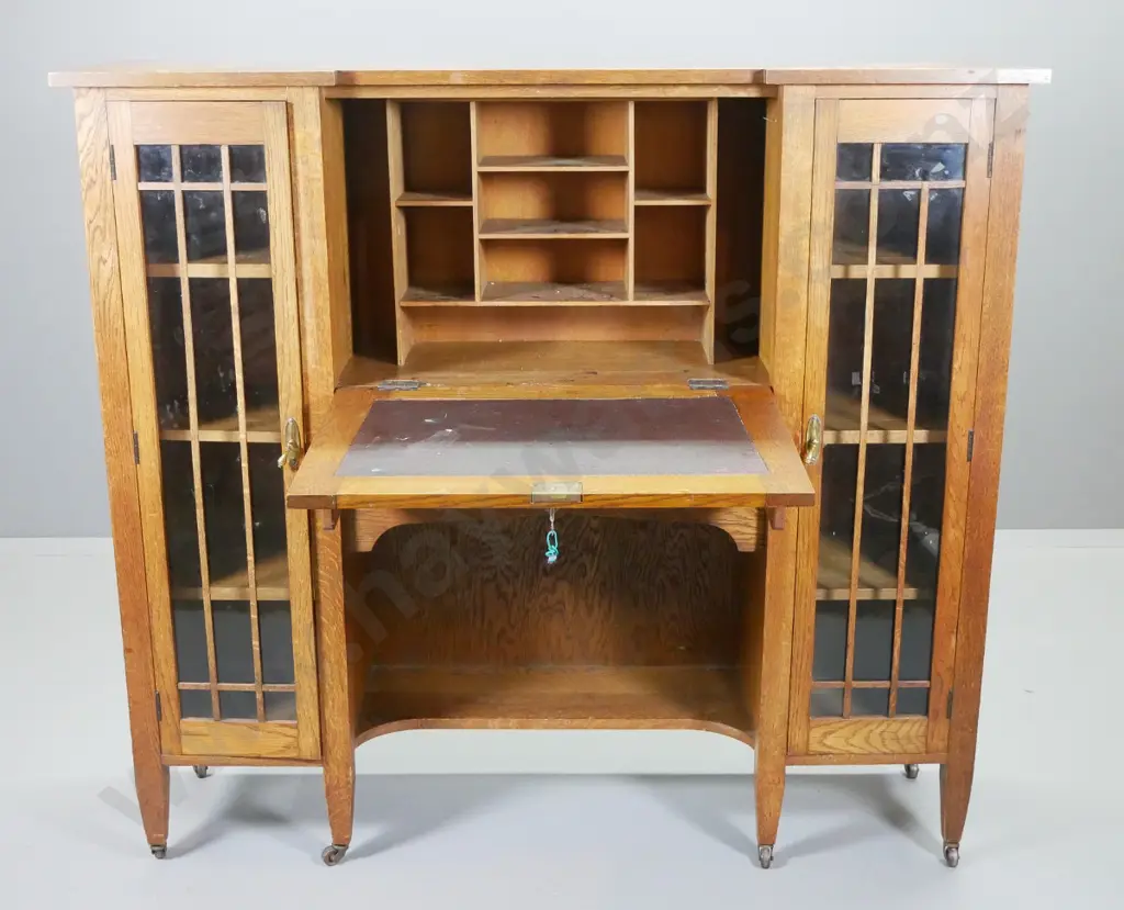 deco oak drop-front writing desk / display cabinet w/2 doors, 1 drawer - astragals loose or missing H1320 W1450 D400 Image 1++
