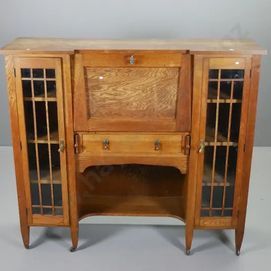 deco oak drop-front writing desk / display cabinet w/2 doors, 1 drawer - astragals loose or missing H1320 W1450 D400