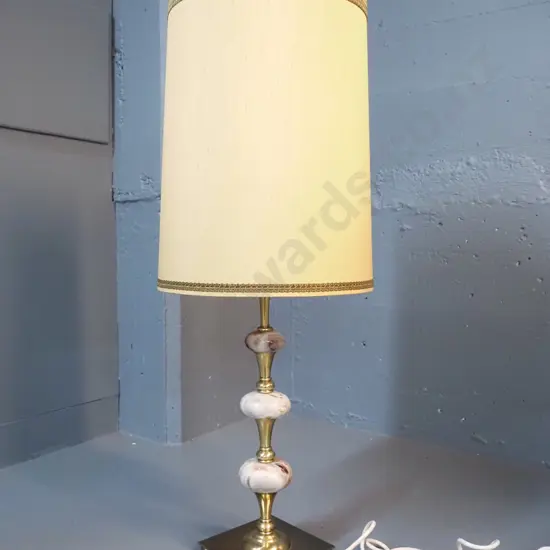 brass and faux marble stone table lamp - some pitting to metal. With shade H-800