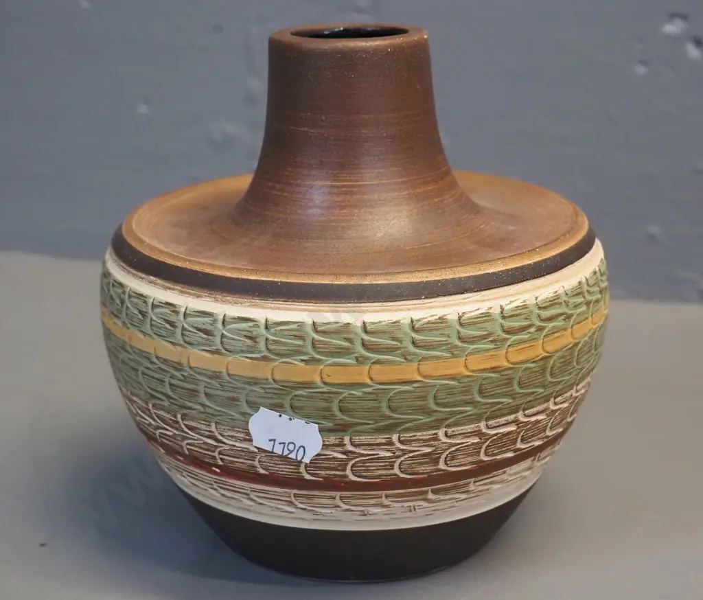 German pottery vase - greens and browns, incised patterns H140 D130 Image 1++