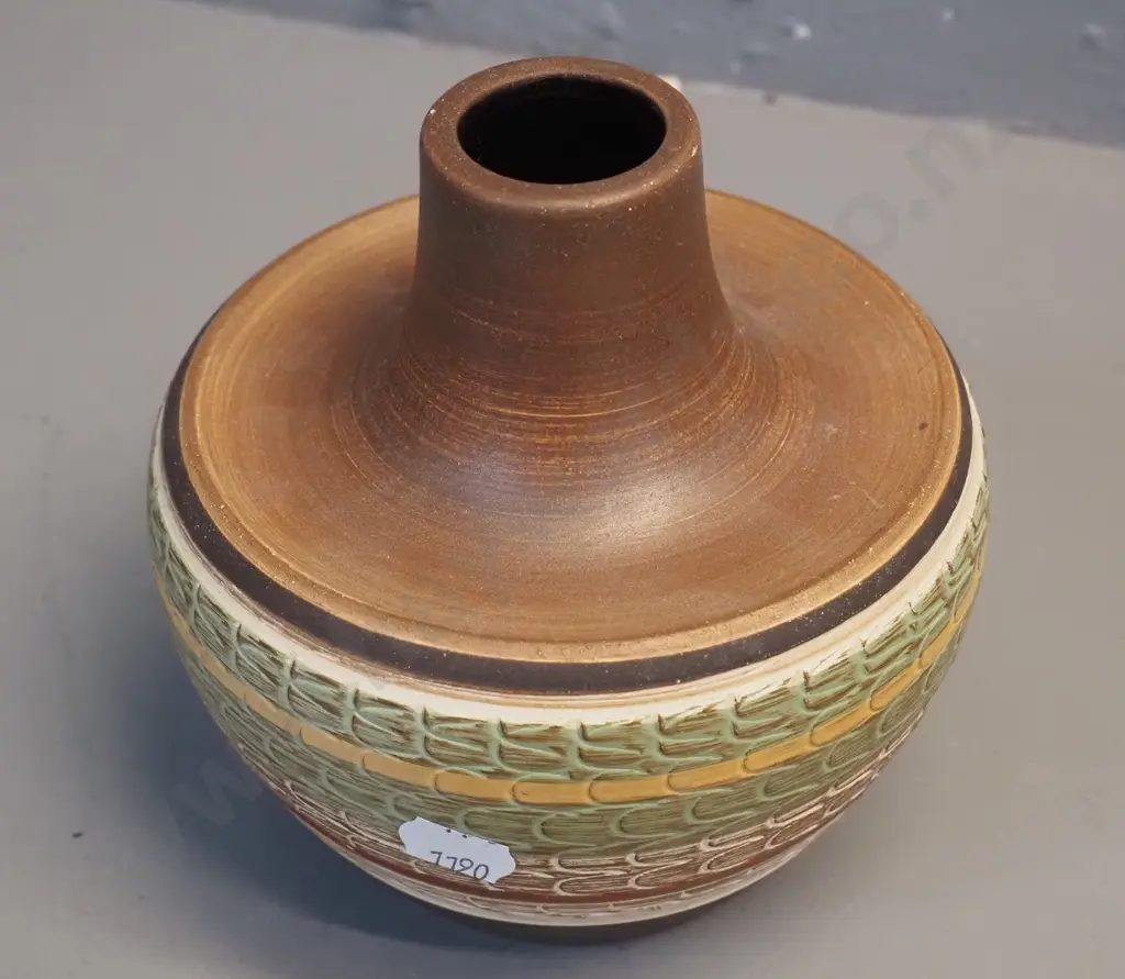 German pottery vase - greens and browns, incised patterns H140 D130 Image 1++