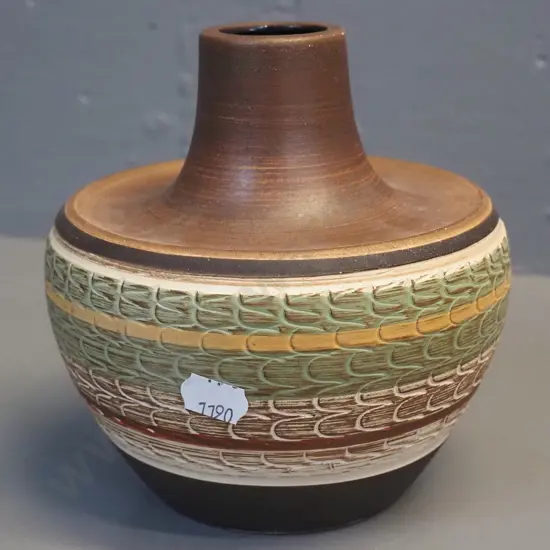 German pottery vase - greens and browns, incised patterns H140 D130