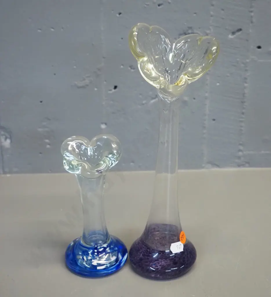 2 art glass jack-in-the-pulpit vases - taller with purple base H-300 Image 1++