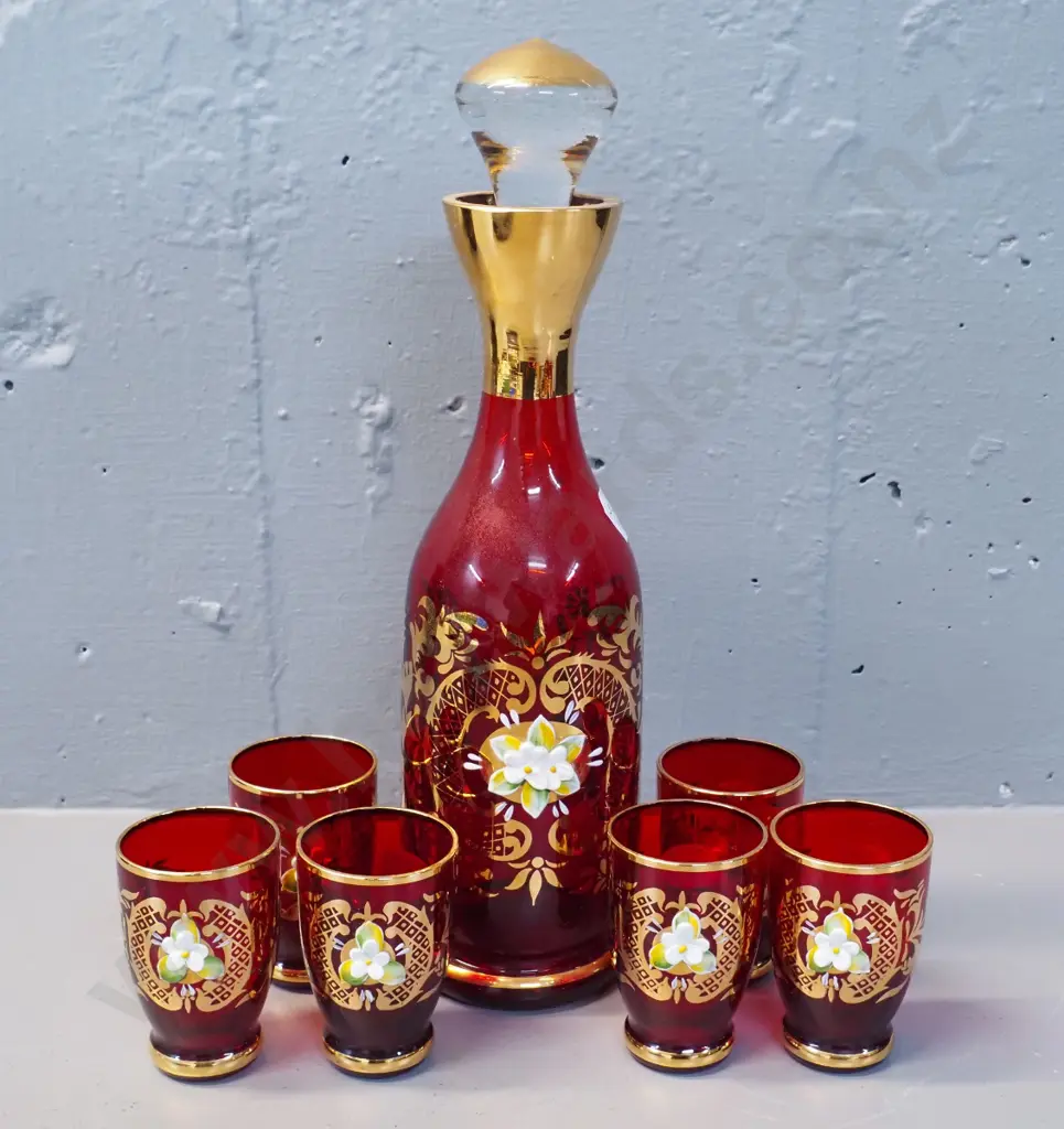 Bohemian hand painted & gilt ruby coloured glass liqueur set - decanter H275 & 6 glasses - stopper end broken Image 1++