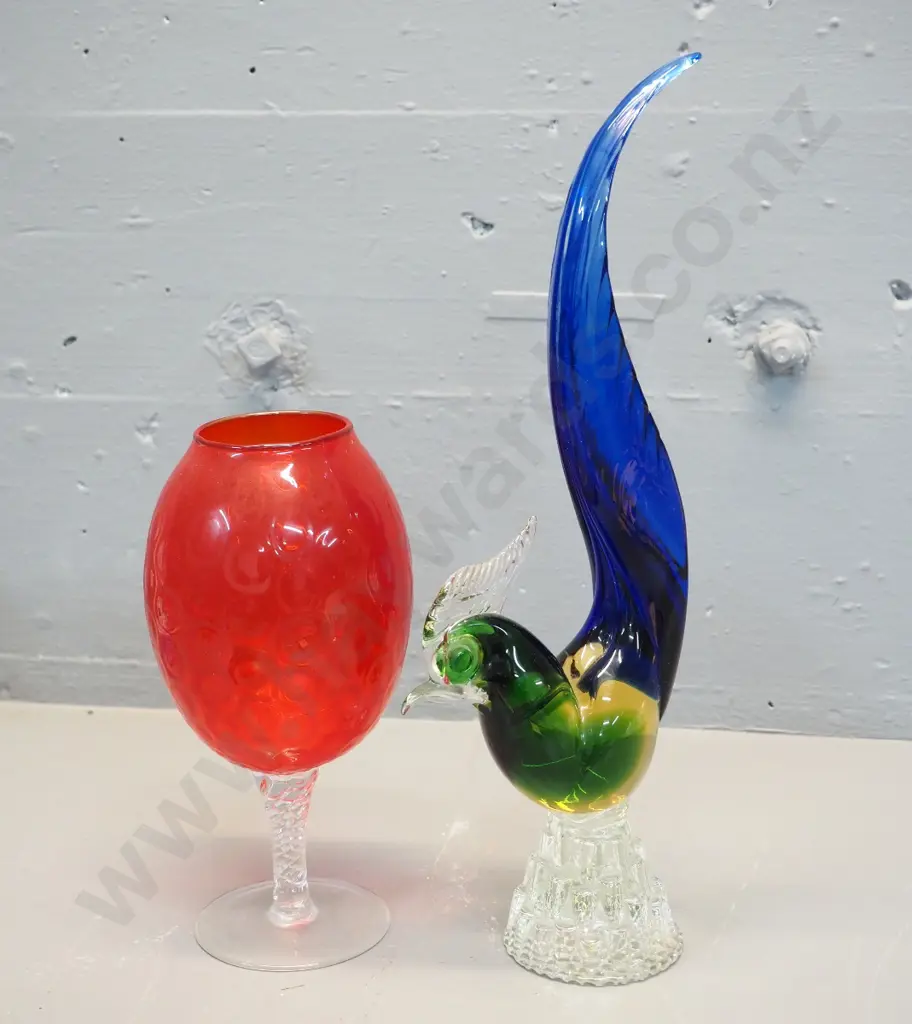 Murano style multi coloured glass rooster H-340 and a red and clear dimple-textured goblet Image 1++