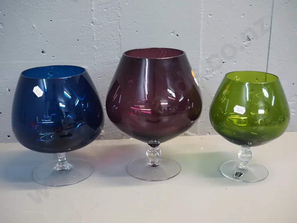 3 coloured and clear stemmed brandy/goblet vases - largest is H220 D160 Image 1++