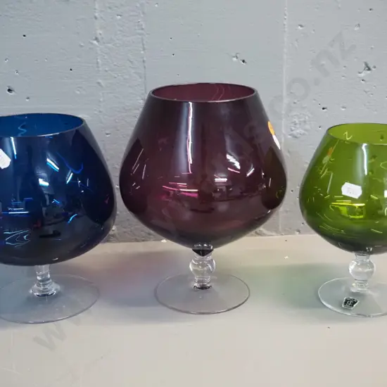 3 coloured and clear stemmed brandy/goblet vases - largest is H220 D160
