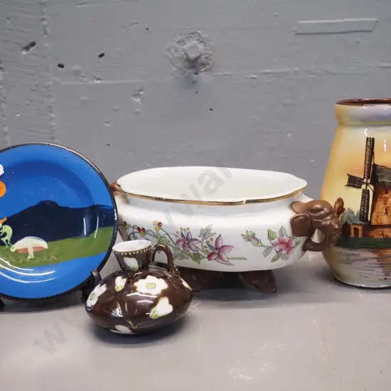 Royal Worcester 4-footed dish with elephant head handles H90 L230, Torquay ware windmill vase, small dish & floral jug