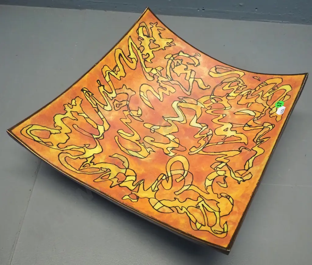Danny Moorwood studio pottery shallow footed square bowl - black with orange and yellow motifs 330 x 330 Image 1++